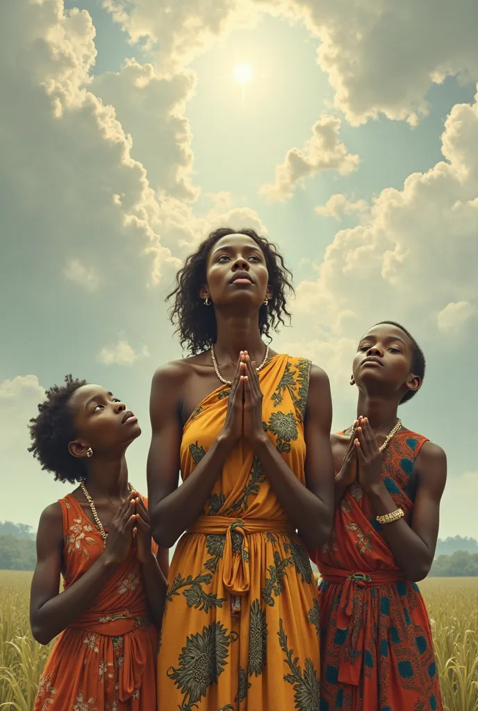 Beautiful light skin lady with her triplets a girl and 2 boys wearing same african clothes praying to heavens  for help