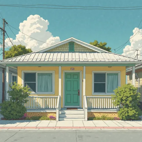 Hirhiroshi nagai painting. Retro futuristic. Low income housing. Porch. Front facing. 