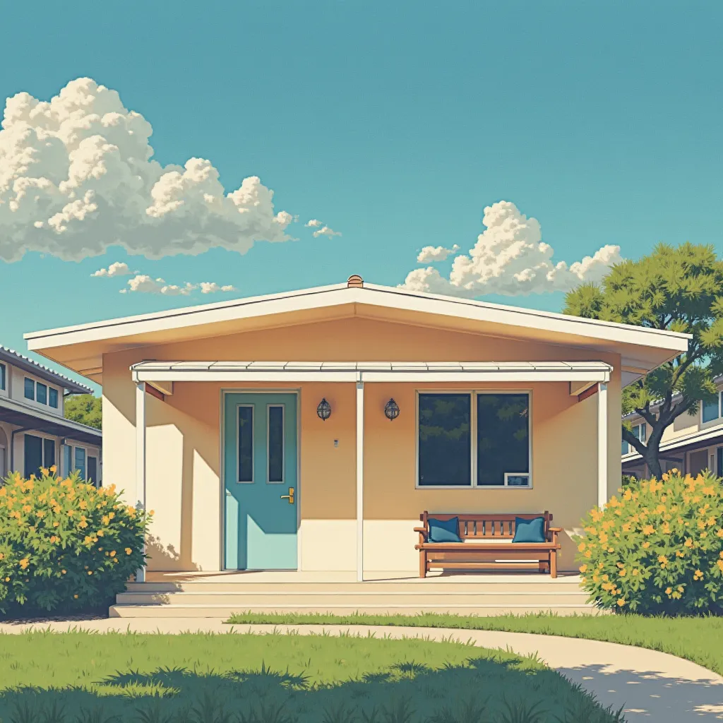 Hirhiroshi nagai painting. Retro futuristic. Low income housing. Porch. Front facing. 