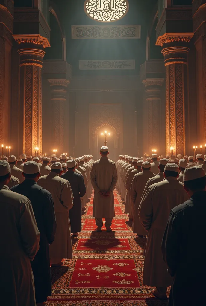 Real Group of man praying in traditionel mosque in night in 