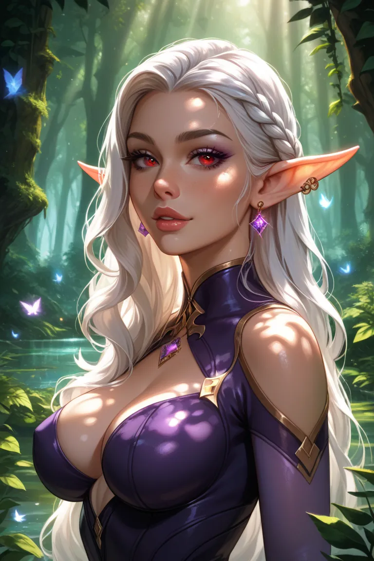 Female Drow Elf with long white hair, purple ski, red eyes and big chest.