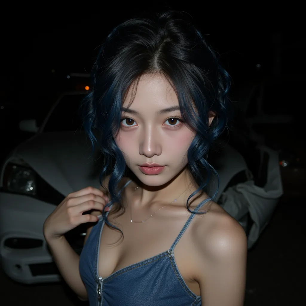 A Filipino girl, K-pop girl, her hair curled, with dark blue hair, tanned skin, brown eyes, ugly, very ugly, big eyes, fierce visual, fits Korean beauty standards 40%, unique visual, A Filipino girl, K-pop girl, her hair curled, with dark blue hair, tanned...