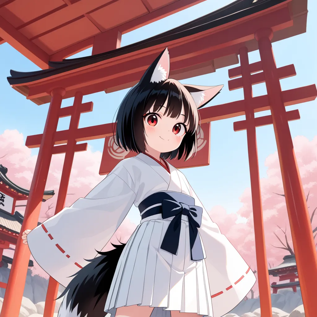 (masterpiece, best quality:1.4), (8k, ultra-detailed, anime style:1.2), cute young girl,  Fluffy fox ears, Fluffy fox Tail,:1.6), big eyes, small nose, detailed hair, (wearing Japanese white clothes:1.6), BREAK (red short hakama:1.4), bright and colorful b...