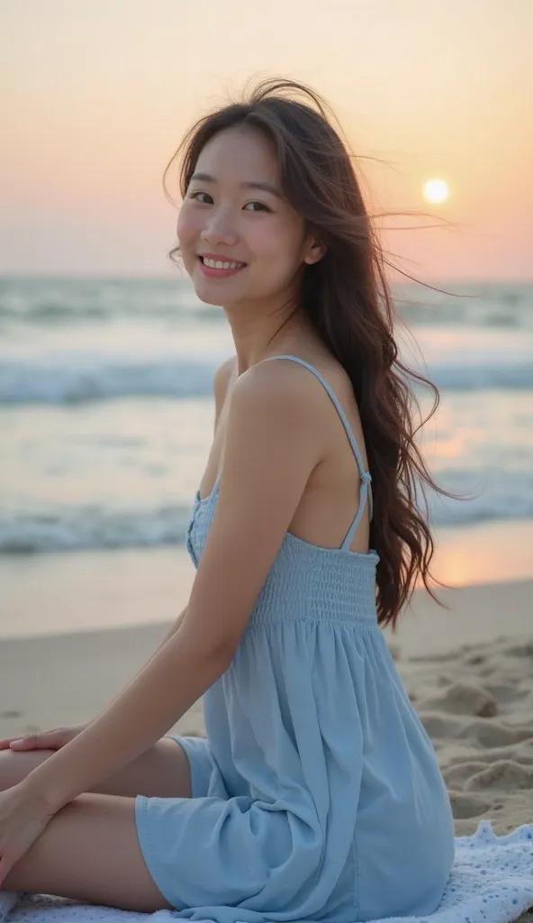 photograph、 Beautiful Japanese girl, 15歳、Light blue dress without shoes 、 sitting comfortably on the seashore watching the sunset、Big Breasts、沖の舟を見つめる、後ろ姿、