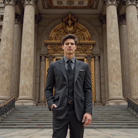 Image of the guitarist in a suit in front of a theater, Because he was at an award in 1985 at the age of 25