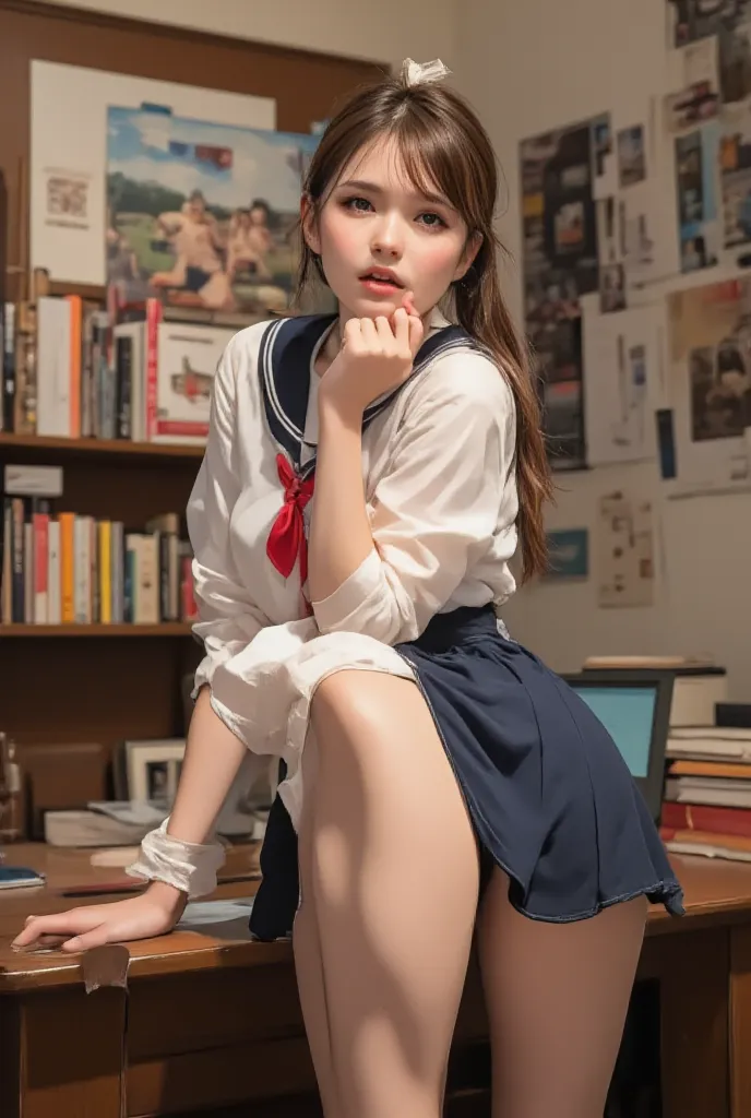 A young woman with delicate features, wearing a classic Japanese sailor-style school uniform with a navy blue skirt, white blouse, and red ribbon. Her long, dark hair is tied back with a sheer ribbon, and she has a warm, inviting smile, The subject is sitt...