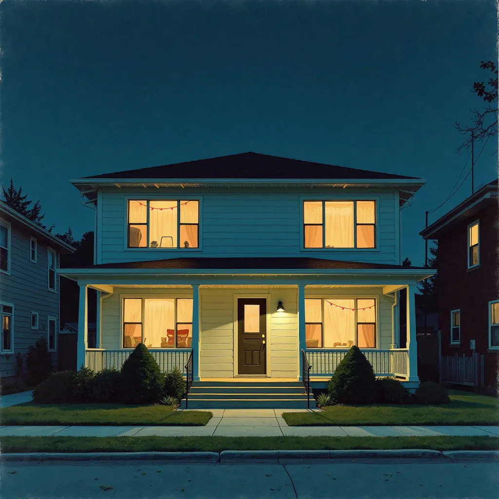 Hirhiroshi nagai painting. Retro futuristic. Low income housing. Porch. Front facing. Hamtramck. Detroit. Night time. 