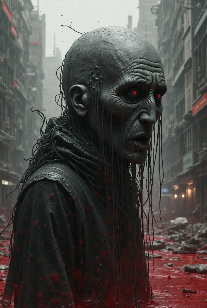 Black and white face of cyberpunk humanoid from the front with a look of anguish in the foreground, Rain over the city devastated by red blood, a lot of blood