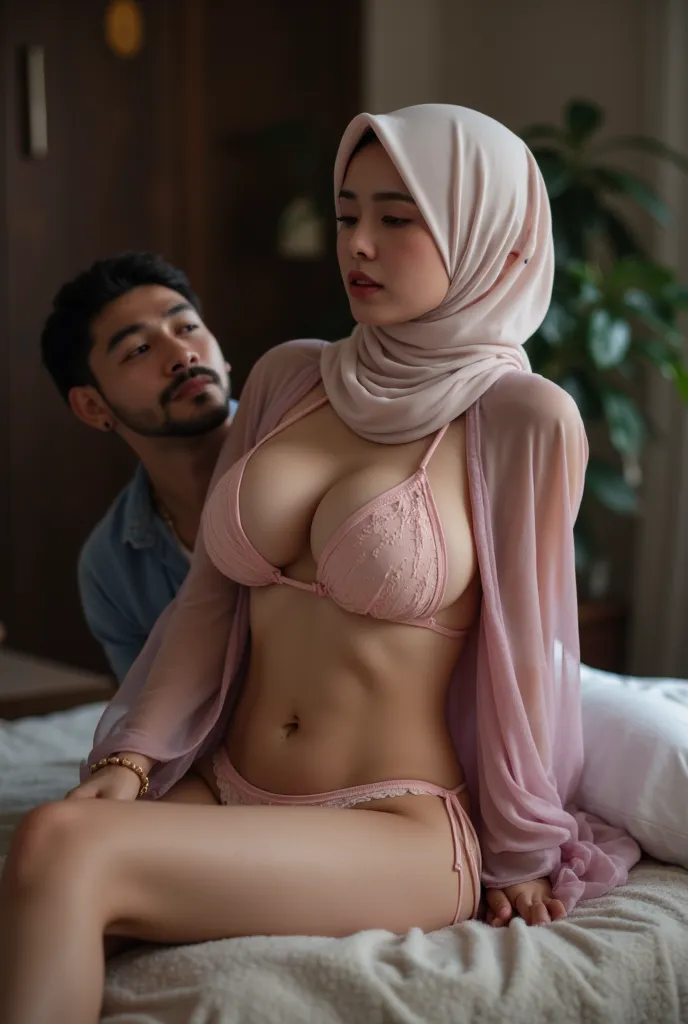 20 year old woman wearing hijab, bikini and short transparent pink nightgown with big breasts and full body and her age lover sitting on her back on the bed