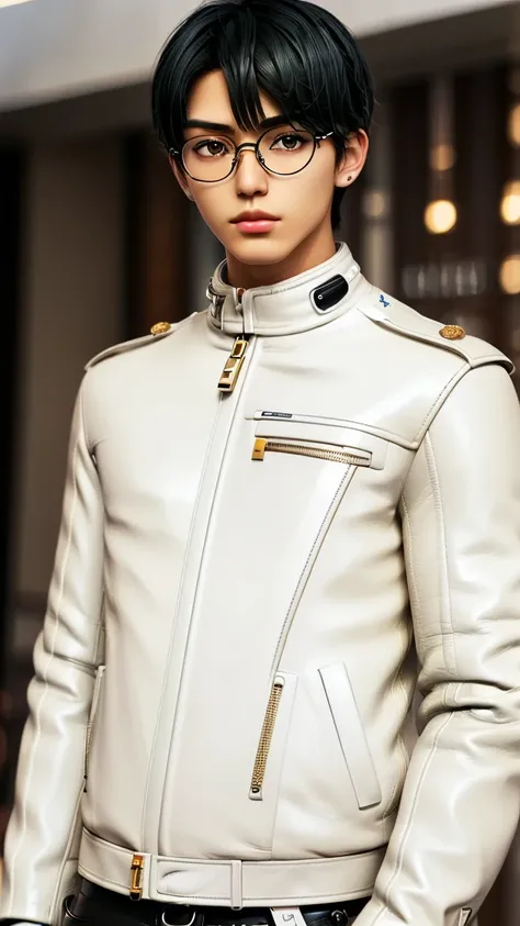 ((reality graphics)), ((Japanese young cute and cool ikemen  boy)), his age is early 20s, thin eyebrows and beady eyes,, (((((boy wearing cream-white color thick leather and single-brest double zipper jacket))))), ,(((((jacket is voluminous and motorcycle ...