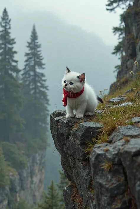 A small white kitten with gray patches, wearing a tiny red scarf, loses its balance on the edge of a misty mountain cliff. Its claws scrape against the damp rocks, and its eyes widen in fear. Suddenly, it slips, tumbling down through the grass and stones u...