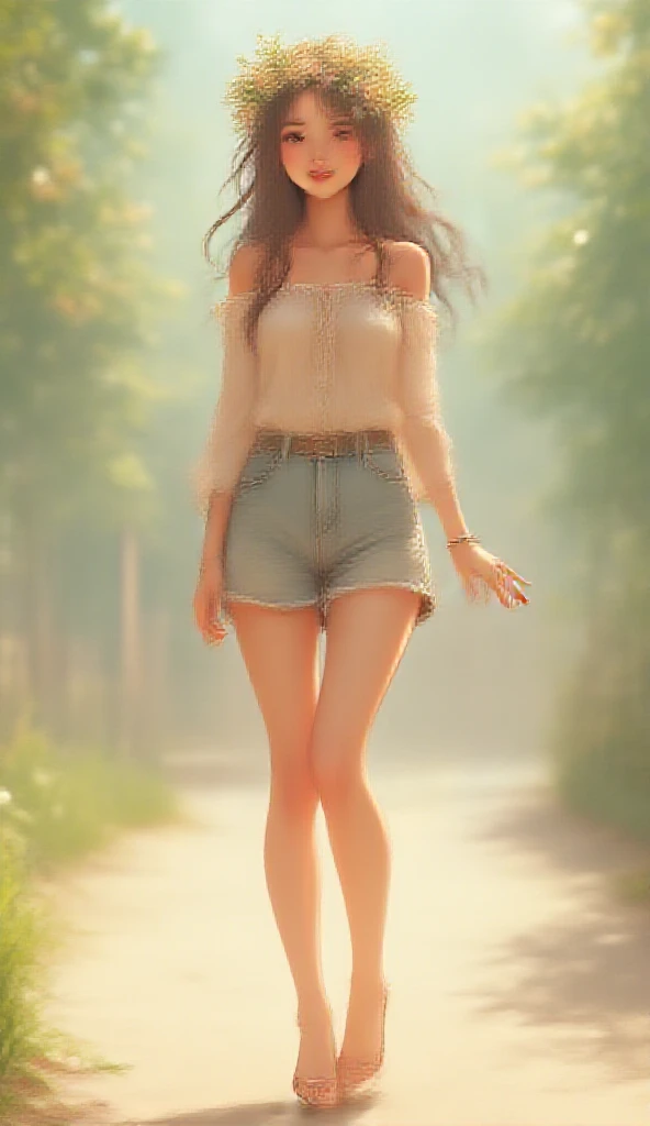 Ultra High Quality，high heels，off shoulder，long legs，smile， cheerful，sunlight，race，Full Body Shot，Decorate your head with flowers， charming，beautiful girl，student，School bell，cute