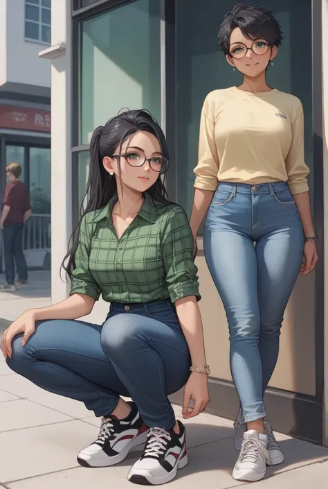 Create an anime of two friends together who are a white boy and a brown girl.

the boy is tall, skin color white, black hair, lentes, green plaid shirt, denim pants and sneakers

The girl is dark-skinned, has glasses, black hair pero tiene un poco de pintu...