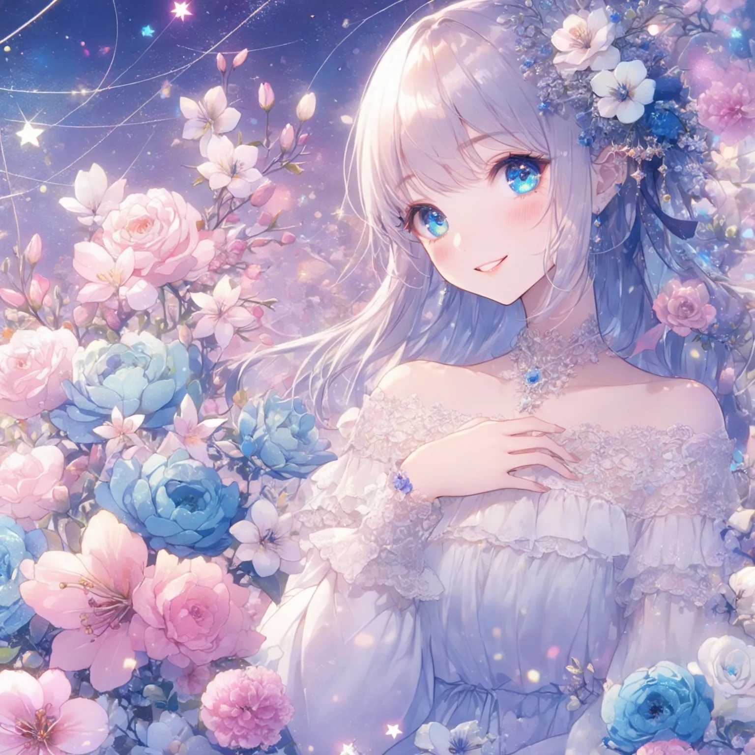 Beautiful facial features, Exquisite makeup, Exquisite eyes,detailed,(kindness:1.3),(soft focus:1.4),kawaii,bright,blush,shiny,looking at viewer,smile,star,teeth,flowers