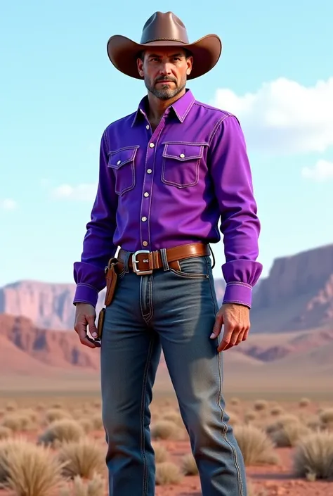 Do that same cowboy wearing a purple outfit