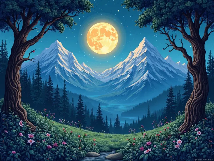 make a picture with forest and mountain and full moon at night in animation style