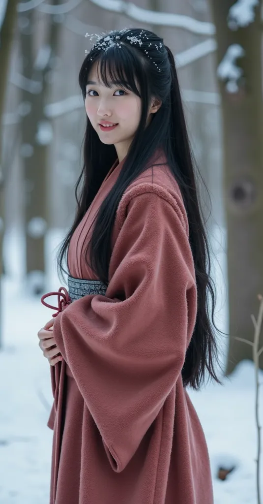 High quality. A real Oriental Japanese girl with 18 years old with beyond floor length black hair and see her "whole" body wearing thick lambswool traditional Wafuku standing nearby hot springs inside the forest, must see her whole body. The scenario of fo...