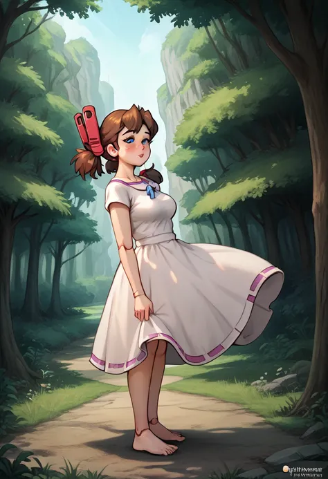  A girl is in the forest, joint seam,full body view, height 160 cm mechanical lady, skin pigment , she gets ecstasy, very short pigtails, brown hair, Hair tie with two red big red clothespins, mature, android, blue eyes, full body figure, flushed cheeks, 2...