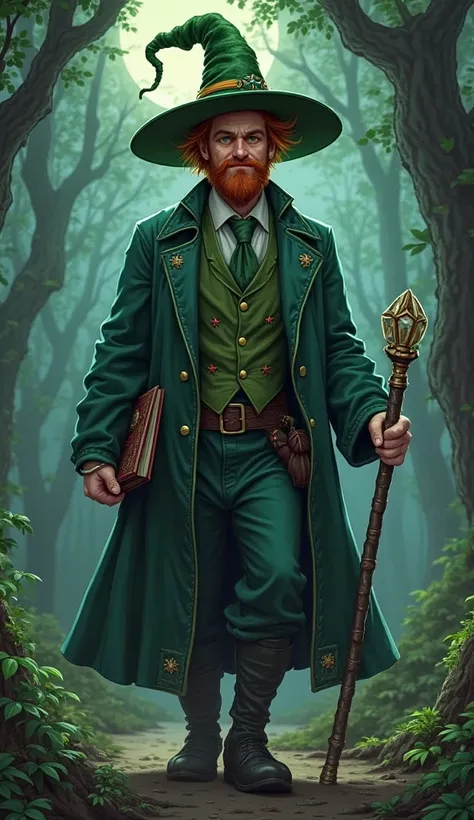 Presto, The Wizard, a tall, strong man with short, messy hair, a redhead without a beard., in his mob version, Wears a green suit with blue details, keeping the colors of his original tunic. He wears a dark green shirt, , a green tie, and a vest with embro...