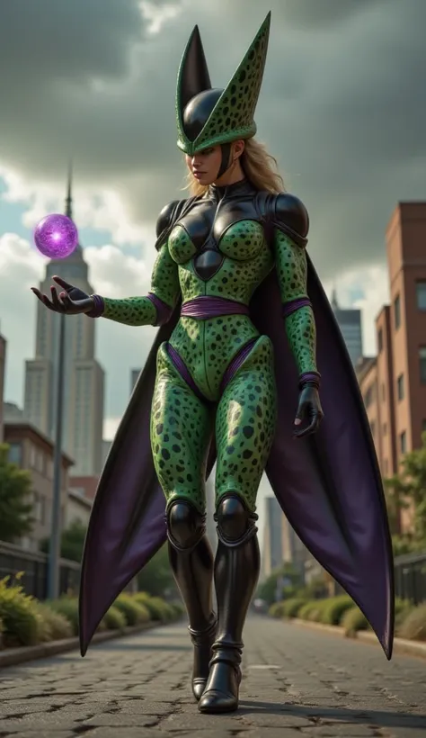 a powerful and sensual woman walking, a hand stretched forward with the effect of a purple energy ball, dressed as a female version of Cell from Dragon Ball. Cell makeup,  Her body must be sculpted and athletic ,  reflecting strength and determination .  W...