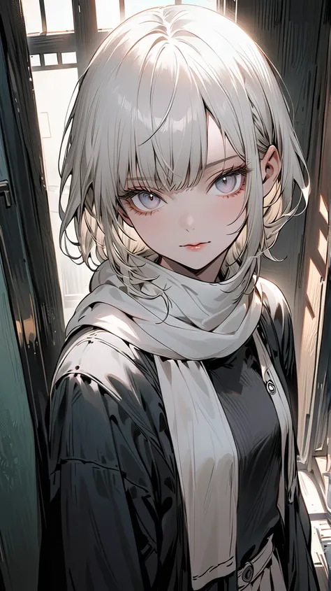  young Asian girl, likely a ager, is depicted. She has long, light gray hair, and her eyes are a warm brown. Her expression is gentle and slightly smiling, with rosy cheeks.  The girl is wearing a dark gray or black jacket-like top, and a light-colored, po...