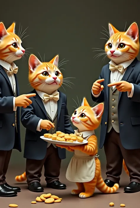 3: A group of wealthy, well-groomed cats, dressed in elegant clothes, laugh and point at the small yellow kitten, who is holding a tray of bread. His apron is old and patched, making him stand out among the rich cats.