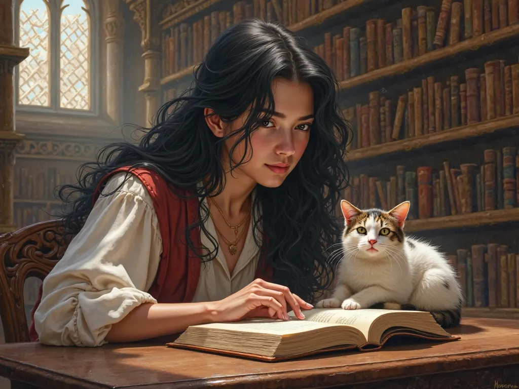 CREATE AN IMAGE OF A YOUNG WOMAN WITH LONG HAIR,  wavy black , In a library studying, TOGETHER WITH HER WHITE CAT WITH BROWN SPOTS