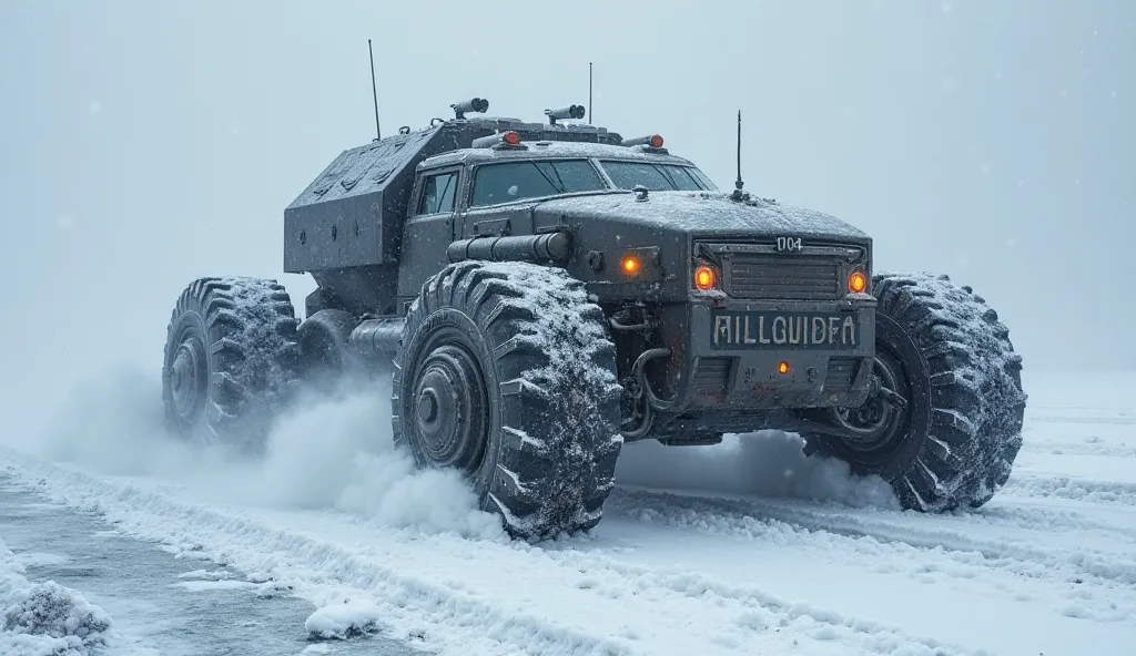 "Create a massive, futuristic Antarctic Snow Cruiser moving through a frozen wasteland during a violent snowstorm. The vehicle should be extremely large, resembling a mobile fortress. It must have thick, iron-plated armor with a rugged, battle-worn texture...