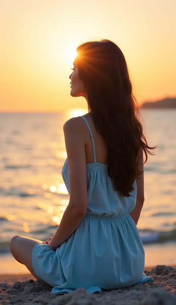 photograph、 staring at the boat off the coast, Age 15、 back view、Beautiful Japanese girl waving big to the boat、Light blue dress without shoes 、 sitting comfortably on the seashore watching the sunset、Big Breasts、