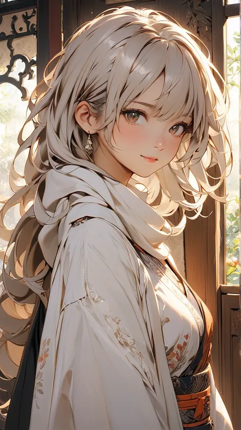  young Asian girl, likely a ager, is depicted. She has long, light gray hair, and her eyes are a warm brown. Her expression is gentle and slightly smiling, with rosy cheeks.  The girl is wearing a dark gray or black jacket-like top, and a light-colored, po...