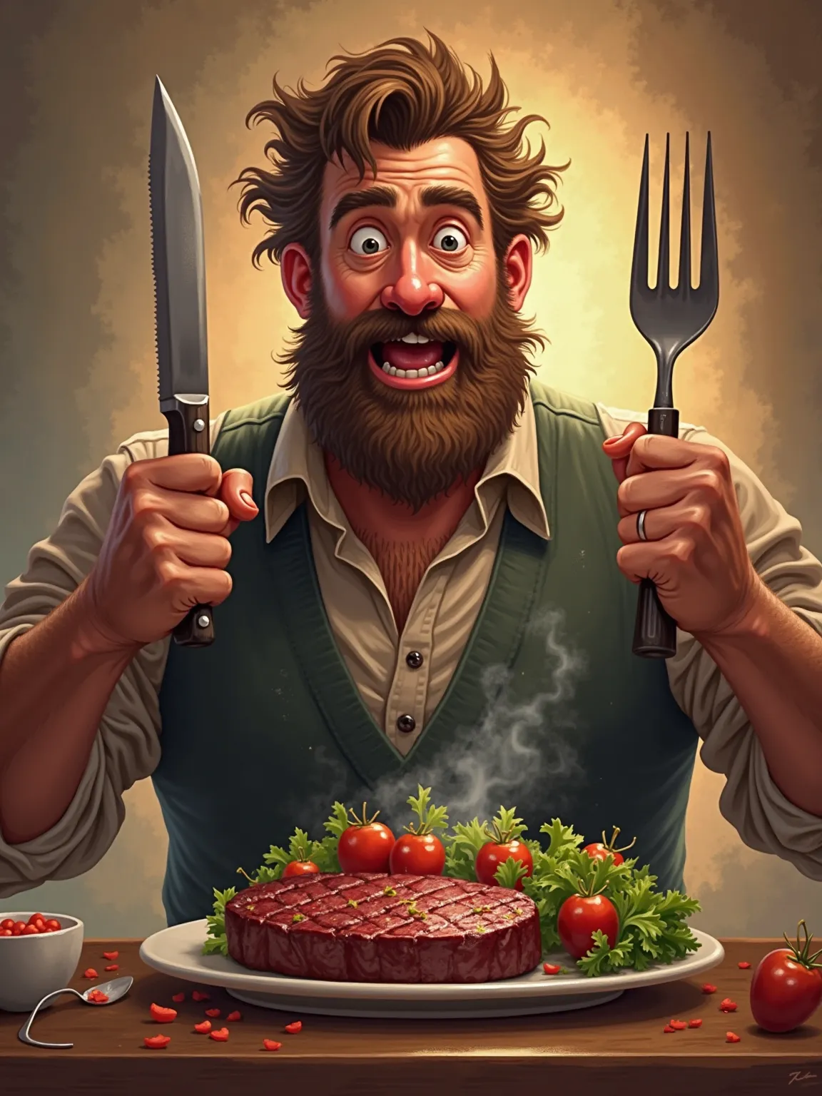 (The steak is holding a knife and fork), in his hands and is about to eat a salad. funny
