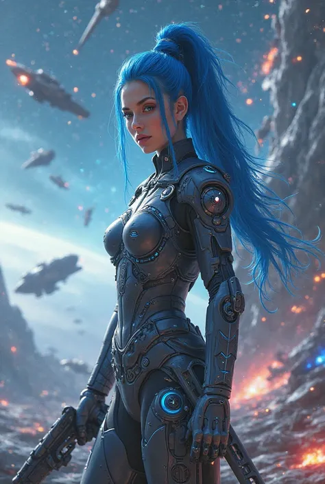 sexy futuristic woman, Warring in Space, blue haired