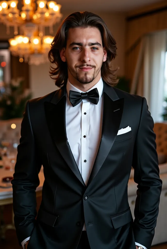   handsome and attractive young and very attractive ,  With a beard and white skin  ,   blue eyes and long brown hair to the shoulder ,  wearing a black suit celebrating his birthday 