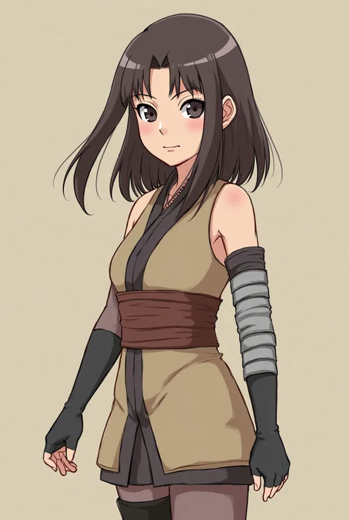 matsuri from the Naruto series a sand Matsuri has straight chin-length brown  with two long, lose strands of hair on he forehead hair, dark eyes, and fair skin.also wore long, thigh-high stockings, brown sandals, and black gloves with a grey elbow-length a...