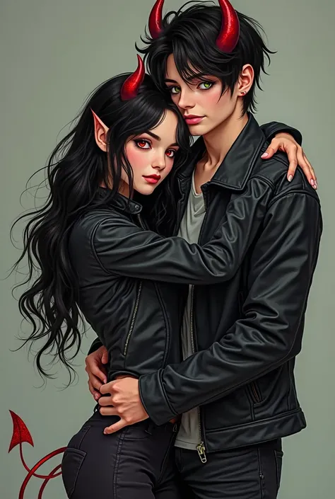 demon beautiful girl with long wavy black hair with red eyes wearing  black leather jacket and dark grey top with black shirt ,with red demon horns and tail hugging handsome boy with black hair and green eyes wearing  black leather jacket grey top and blac...