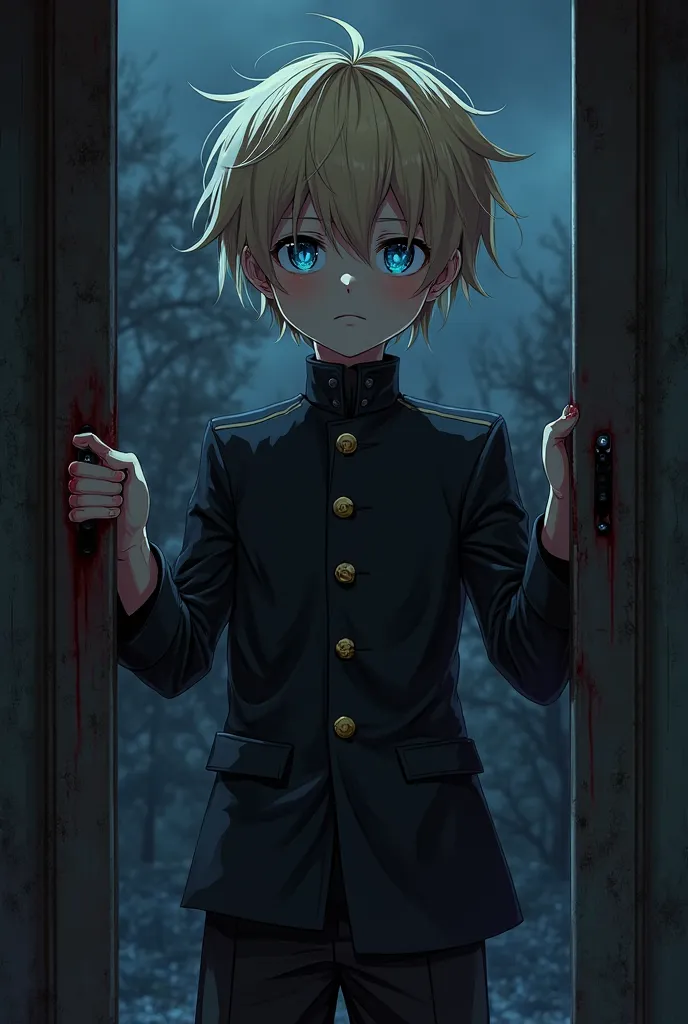  A blond anime boy with blue eyes in a black uniform with an expression of hate,with blood,At the front door at night 