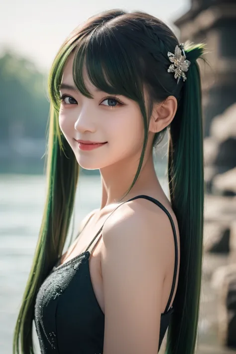 1 girl, Alone, hair ornament, green hair, twin tails, long hair, dress, water,, Mid-range portrait photography ,, Dark Fantasy Backdrop , Charming grin., ultra-realistic and highly detailed intricate photorealistic analog style photography ,Sharp focus of ...