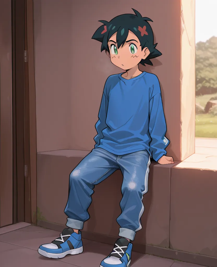 1boy, ash ketchum and chloe cerise's son, black hair, green eyes, blue shirt, long sleeves, blue long jean, blue sneakers, best quality, good quality, amazing quality, very aesthetic, absurdres, masterpiece,