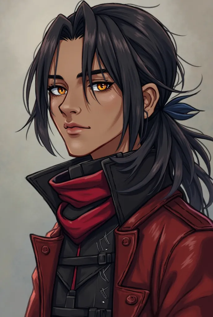 black long hair, amber eyes, jacket, boy, brown skin, red and black clothes color, little blue tints, tied hair, masculine, profile stance, soft expression, eyebags, no mask, no armor, leather, black and red scarf, Shadar-Kai, red or gold eyes, black jacke...