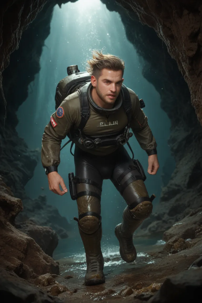 A diver stands in a narrow dark cave where there is no light except his dim scouts, wearing a modern realistic diving suit. He is on the edge of a deep hole whose bottom is invisible; his facial expressions have a mixture of fear and hesitation, and the sc...