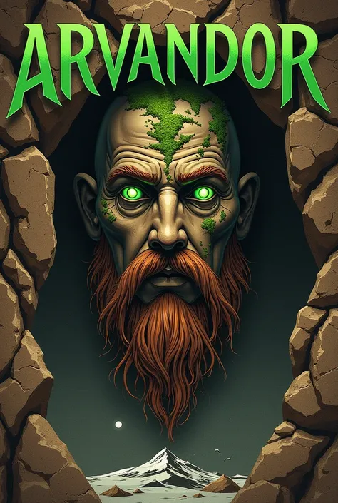 A realistic illustration for the cover of 'Arvandor: Earthquake', the fourth book of the Arvandor saga.  in the center, the human face of Thalgar, earth god, carved in dark brown rocks with veins of green moss, green eyes shining like emeralds in a robust ...