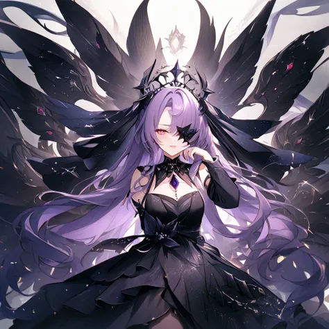 Keqing the beautiful girl dressed as a demon 

1. **dress**: Keqing wears a long, flowing dress, made of a dark material such as night,  that seem to absorb light around them . The dress has an elegant design with silver embroideries that represent shadows...