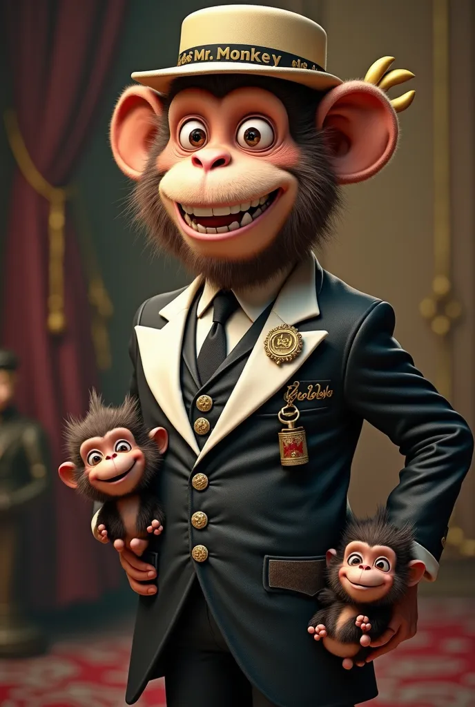 An adult male monkey with a brown beard who has a stomachache who is wearing a pretty black and white suit with a tie and a banana-shaped hat with Mr. Monkey written on and a black and white leather jacket with the gold color writing Mr. Monkey on the jack...