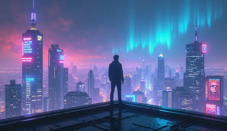 A futuristic cityscape at night, illuminated by neon lights in shades of blue, purple, and pink. A determined figure stands on the edge of a rooftop, looking over the vast skyline, symbolizing perseverance and resilience. Below, holographic billboards flas...