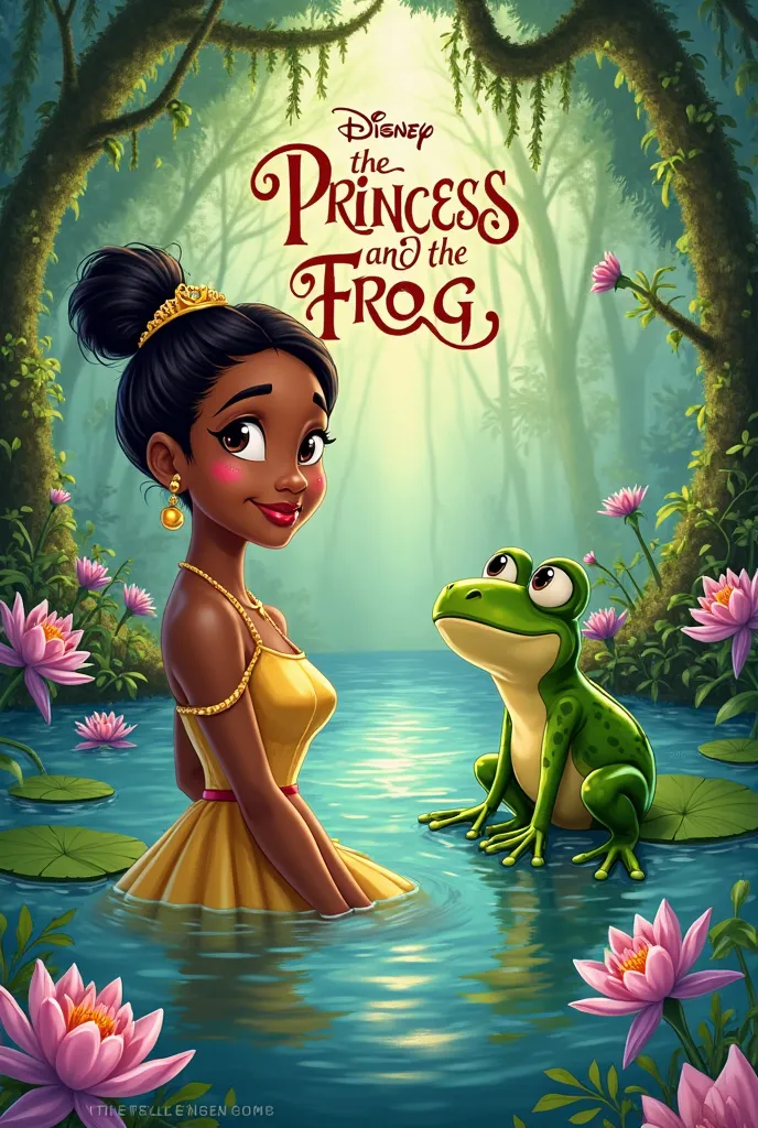 Generate a two-dimensional poster inspired by the two characters Tiana ,Prince never , and the frog, and the poster will be written “The princess and the frog ” this are by Disney Pixar 