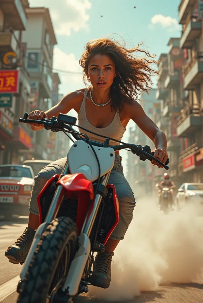 Create an image of an 18-year-old girl in a tank top, driving a 2-stroke dirt bike around the city at full speed, without a helmet and smoke released through the exhaust pipe
