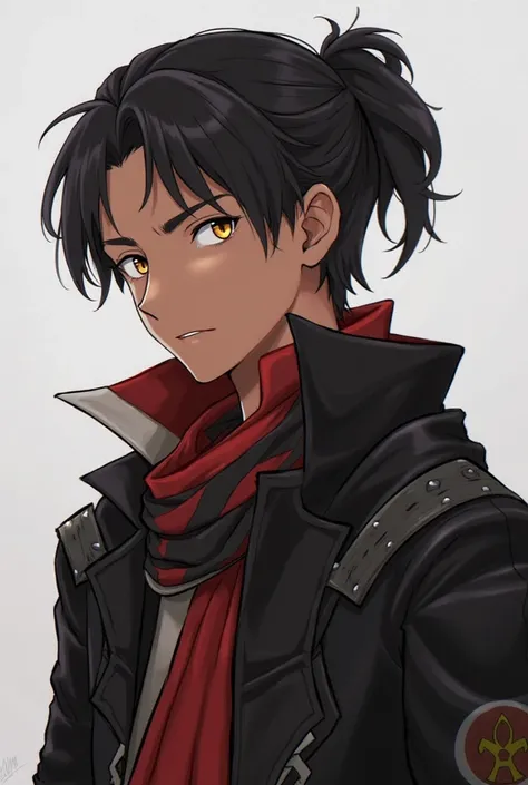 blac hair, amber eyes, jacket, boy, brown skin, red and black clothes color, little blue tints, tied hair, masculine, profile stance, soft expression, eyebags, no mask, no armor, leather, black and red scarf, Shadar-Kai, red or gold eyes, black jacket, lea...