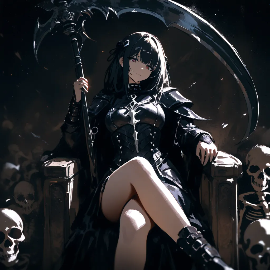 1girl, cleric, goth style, evil aura, black armor, skeletons arround yourself. dark fantasy draw style, sitting on throne made of bones, crossed legs, head tilt, holding weapon, scythe made of bones, dark ambient, cowboy shot, depth of field, faux traditio...