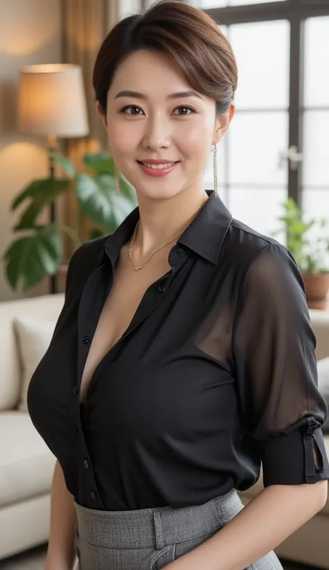  attractive mature woman with only a young face, ( detailed description of the hair), (  face ), ( body that reached its climax ), high image quality ,  masterpiece,  Top Quality,  (Head to Knee Composition:1.6)、( gentle smile:1.3),high detail, formal: 1.4...