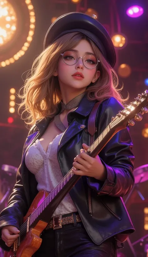 (Best quality, masterpiece), 1 girl, concert on stage, in front of the back band, (playing a guitar on stage: 1.8), glasses, , 1 girl, young female idol, (big well-defined breasted girl, deep cleavage: 1.4), ( goose bump: 0.7), beautiful face, (eyeliner, l...